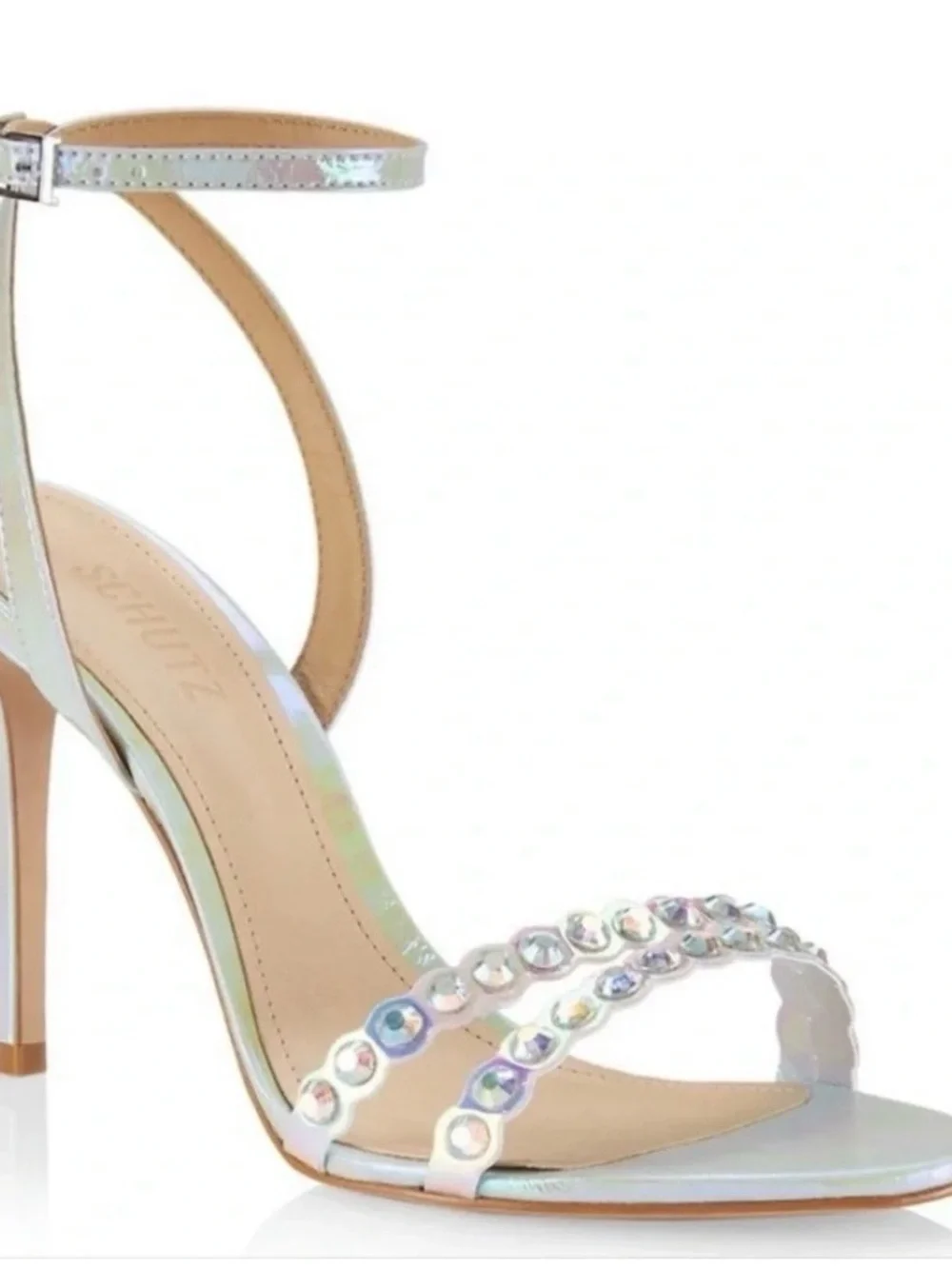 Schutz - Iridescent Crystal Strap Heeled Sandals - Light Aqua